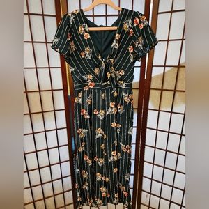 Short Sleeved Floral and Pinstripe Jumpsuit